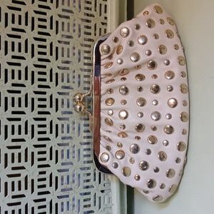Women's VEGAN certified cream gold studded leather handheld 8×4½" clutch